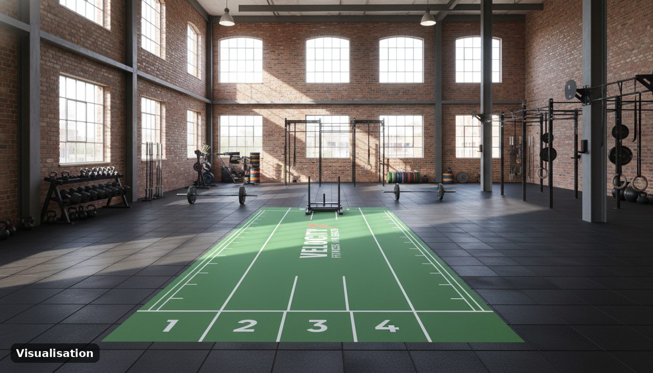 Visualisation of a green custom turf sprint track with Velocity Fitness branding and numbered lanes