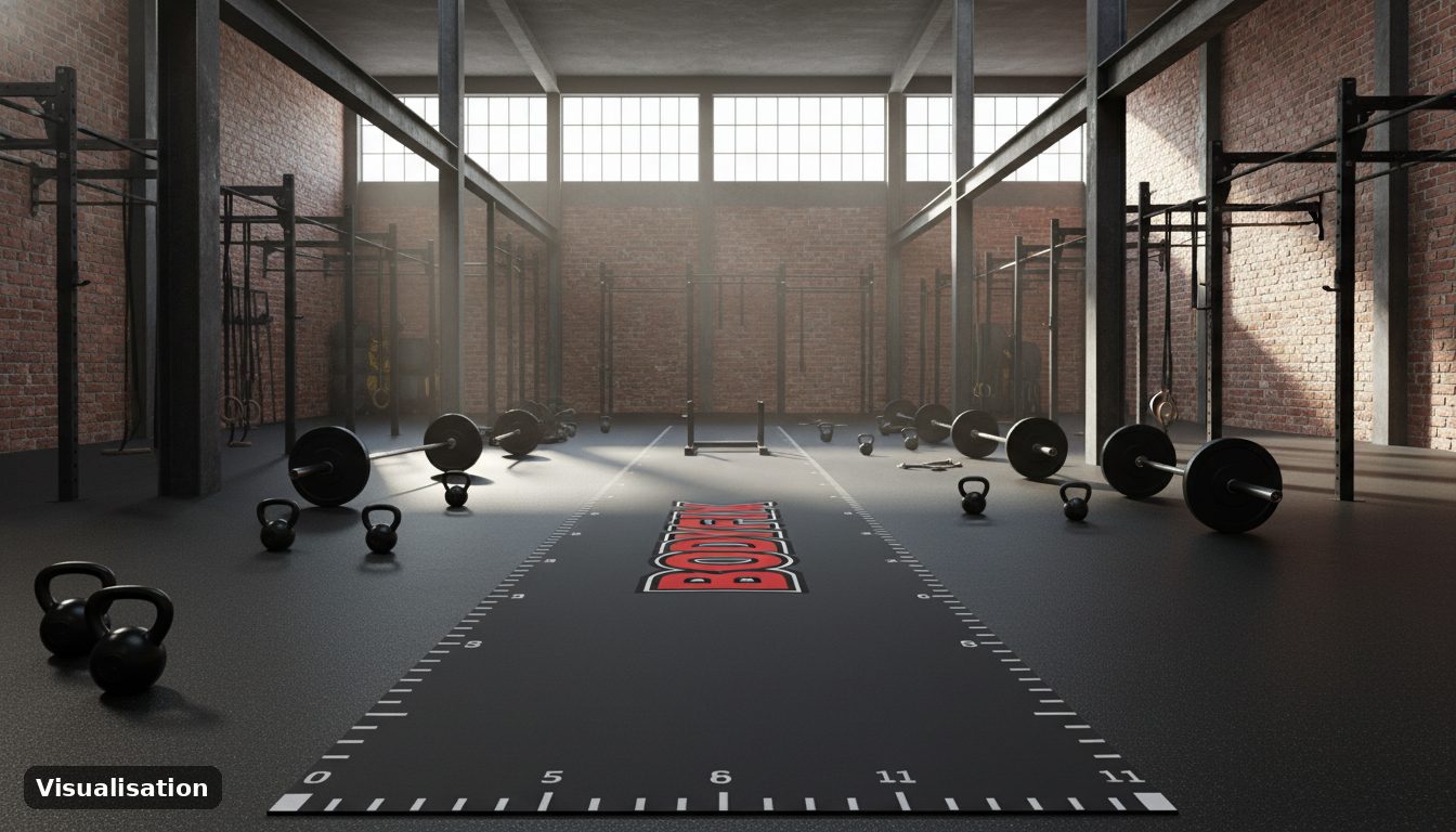 Visualisation of a dark grey custom sled track with BODYFIX logo and distance markings in a gym