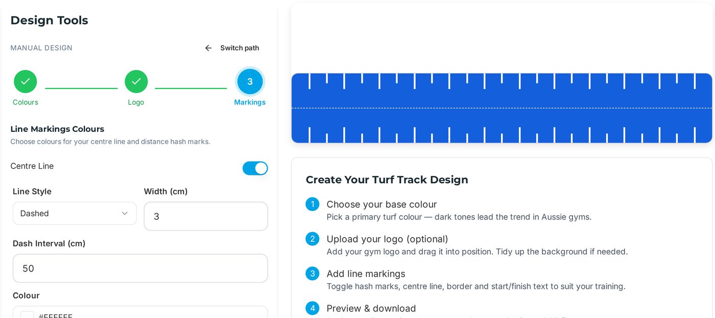 Screenshot of the Again Faster Turf Track Designer showing colour, logo and marking steps with a track preview