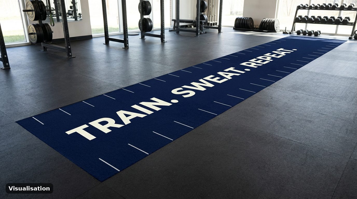 Visualisation of a navy turf sled lane set into a rubber gym floor beside a strength area